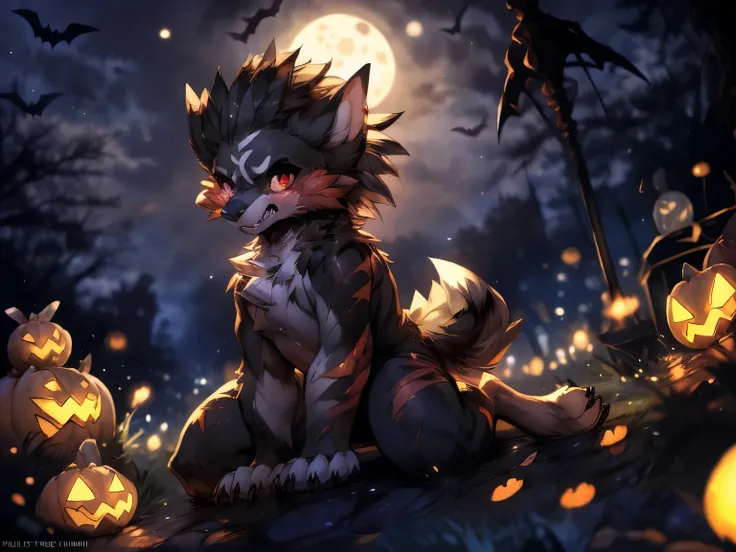 halloween：1.3, a black wolf，under the red moonlight，big red moon，white hair：1.3，gray fur, 
 its evil red eyes and sharp fangs ex...