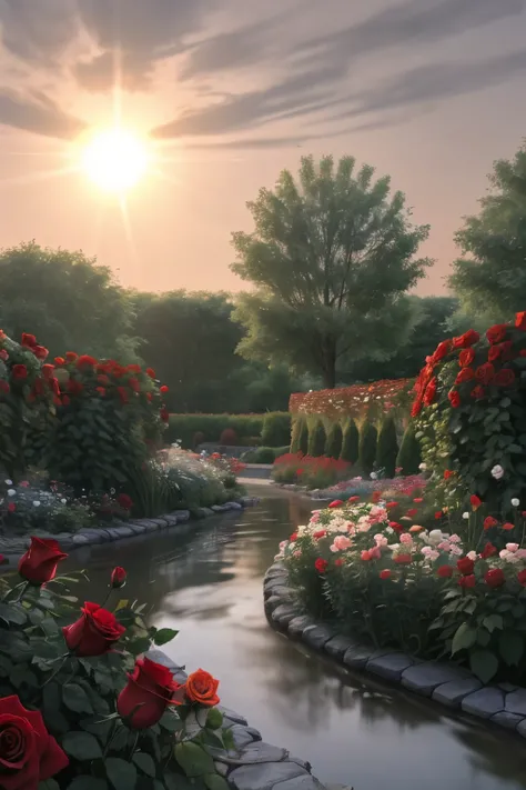 a garden with red roses, the sun rising above, the river far away, 3D, 
