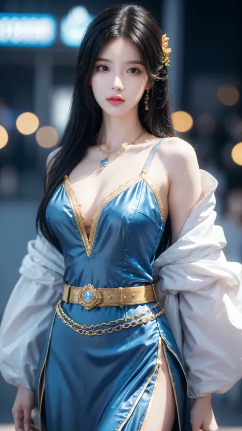 Wearing a blue dress、Arav woman wearing a gold belt and necklace, 3D Rendering Character Art 8k, Popular on cgstation, chengwei pan on artstation, Inspired by Lan Ying, 8K Artgerm bokeh, 8k high quality detailed art, Deviantart Art StationCGSCOSIETY, cgsoc...