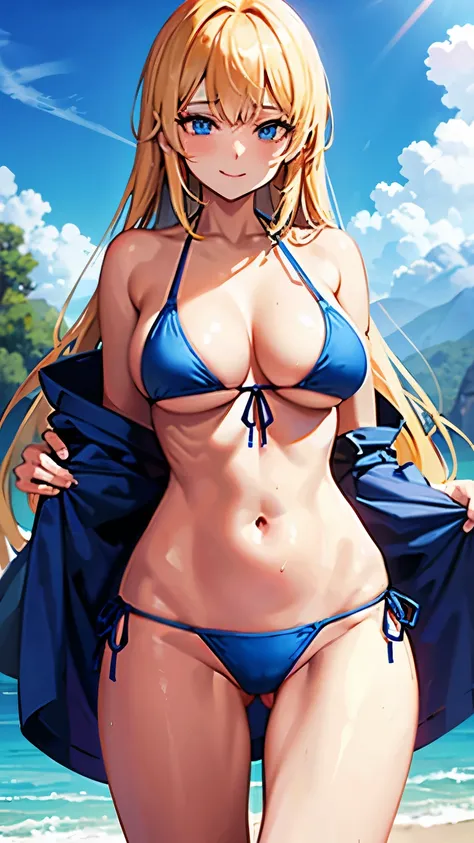 a woman in a bikini standing on a beach, long hair, breasts, smile, blue eyes, blonde hair, large breasts, navel, cleavage, bare shoulders, closed mouth, swimsuit, thighs, cowboy shot, outdoors, sky, day, cloud, water, stomach, blue sky, bare arms, side-ti...