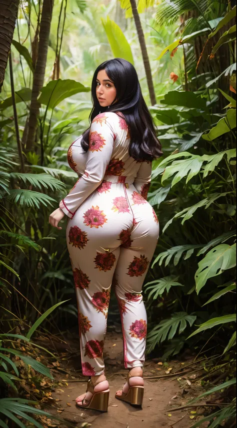 Arabic Woman in jungle, curvy body , wearing flower jumpsuit pajamas, beautiful woman, very detail ,pawg, loong legs  ,thick high, full body in camera, pawg, wearing strap wedges