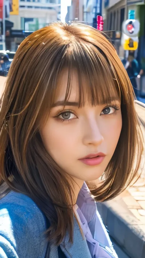 Best quality, 8k,  ,Masterpiece :1.3)), facing viewer,((full body1.2)) ,pretty woman, wide shot ,1girl, , selfie   , ,  Street Corner Mural, brown hair  , bangs,ultra-detailed face, highly detailed lips, detailed eyes, double eyelid