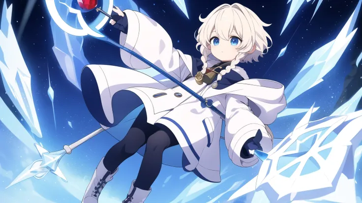 Unknown gender,Age unknown,Platinum blonde curly short hair,Partial long hair braids,Ice Blue Eyes,White coat-like jacket,The clothes inside are navy blue,Boots underfoot,Flying in the sky,Alchemist,He is casting spells while holding a large staff with a r...