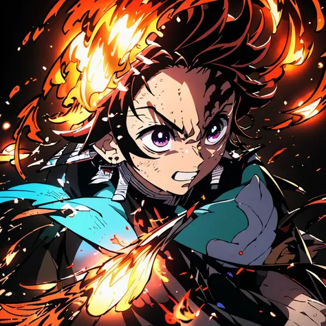 masterpiece、demon slayer、tanjiro kamado、flame background、flaming japan sword、angry face