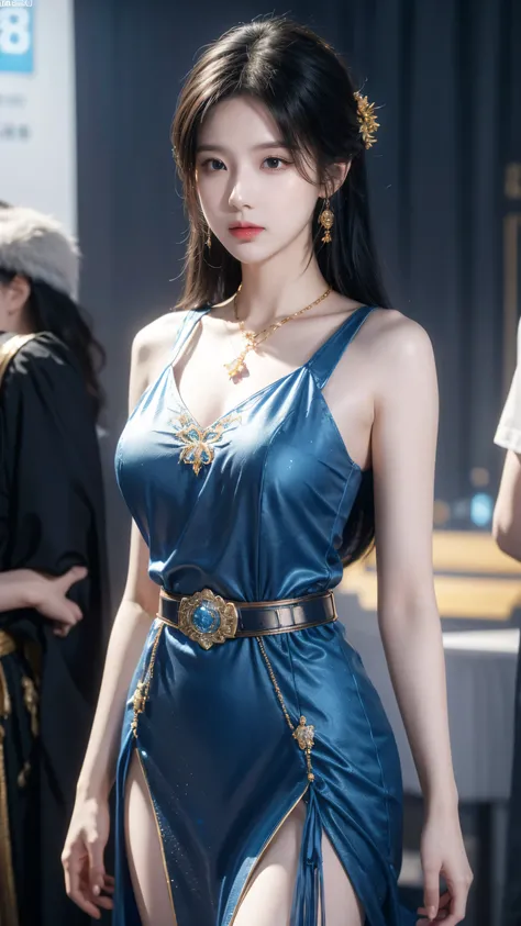 Wearing a blue dress、Arav woman wearing a gold belt and necklace, 3D Rendering Character Art 8k, Popular on cgstation, chengwei pan on artstation, Inspired by Lan Ying, 8K Artgerm bokeh, 8k high quality detailed art, Deviantart Art StationCGSCOSIETY, cgsoc...