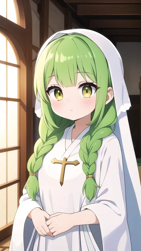 She has light green hair in braids,Wearing a veil,Golden Eyes,Teenage Girl 1,White robe-like dress,saint,Sister