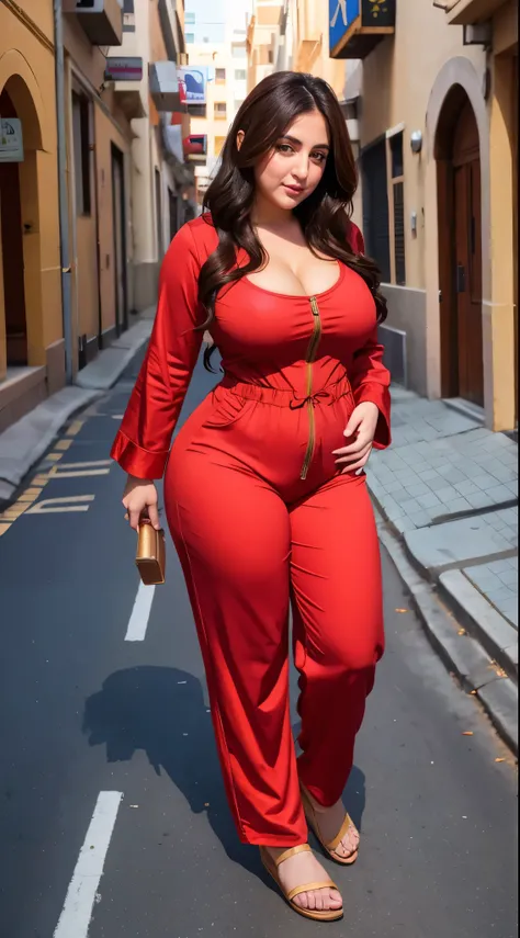 Arabic Woman in street, curvy body , wearing jumpsuit pajamas, beautiful woman, very detail ,pawg, long legs ,thick high, full body in camera, pawg, wearing strap wedges