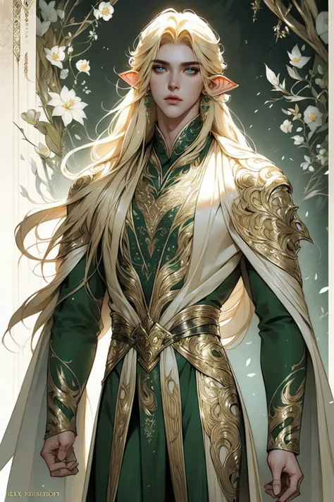 sexy luxury couture clothing for men, Elven style, elf, long blonde hair, light green eyes, Tigerlilly flowers, full body, sketchbook style, fashion design sheet, centered, approaching perfection, highly detailed, smooth, sharp focus, illustration, approac...