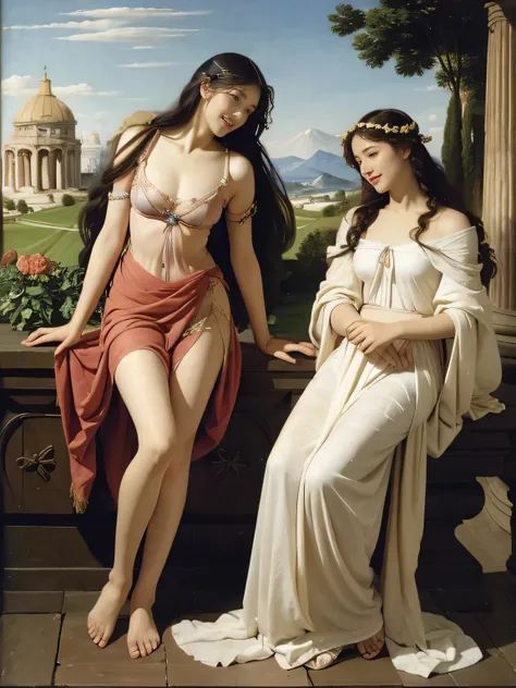 full body portrait or statue、Sandro Botticelli painting style,Arguments of two female Philosophe,math、astronomical machine、astronaut、roses in vase、fruits、Cute trinkets、smile、ancient greek costume、Ancient Roman landscape in the style of Nicolas Poussin,laug...