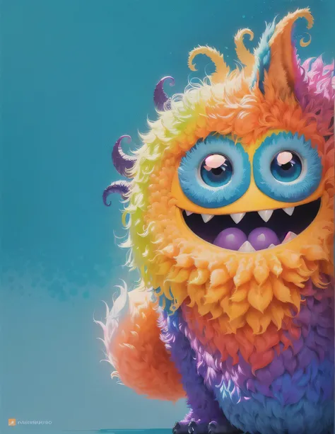 monstro peludo colorido com um grande sorriso em um fundo azul, furry friendly monster, Bonitinho design de personagens de monstros, portrait of a Bonitinho monster, colorful book illustration, Bonitinho monster, boneco fuzzy laranja, Mal. cores vibrantes....