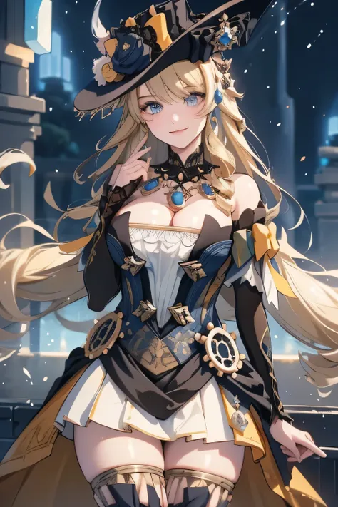 [navia (genshin impact)]:1.5,((masterpiece,highest quality,Highly detailed images,Beautiful images))1.4(navy images、Hold the hat down、night scene、A magical night city、The wind is blowing、Overall dim lighting、Backlight、A fantastic atmosphere、Thick Fog、Dust ...