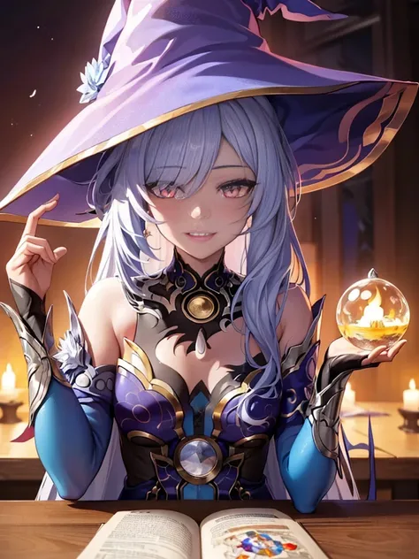 1girl, concept art,fantasy art, cinematic lighting, (hands up, elbows on table, face palm) , (crystal ball that reflects the galaxy) , candle,( grin ), ((witch hat)), smile , ((masterpiece)), ((best quality)), ((ultra-detailed)), (illustration), ((an extre...