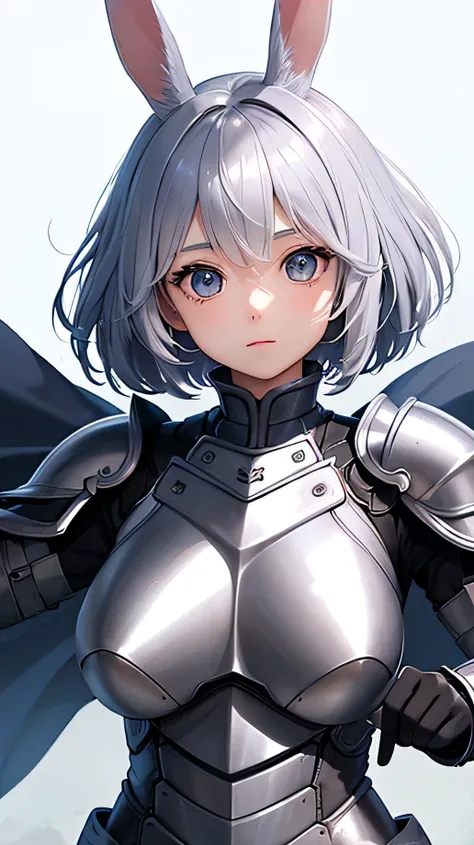 ((Highest quality))、((8K))、((Adventurer))、woman、Big eyes、Double、Soft、Adult woman、whole body、（knife）、（armor）、((whole bodyarmor))、Bunny ears、Silver Hair、Short Hair、((battlefield))、Cape、((Real))、Big Breasts、