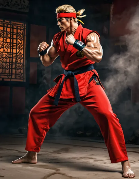 The iconic Ken Masters from Street Fighter, muscular frame glistening with sweat,muscle definition, fiery spirit burning bright,strong determination, fierce and confident expression, focused and intense, visual power coming out of his body, vibrant energy,...