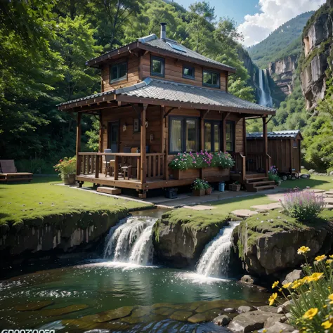 a Tiny house with a waterfall in the background, tiny house, flowers and waterfalls, beatiful house, integrated in the mountains, 4k resolution, 8k ultra, realistic photo, colorfully, 