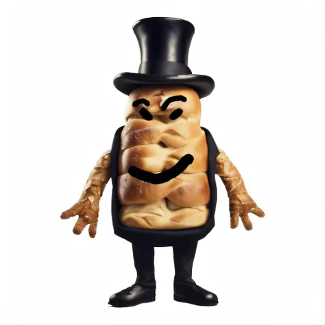 a close up of a person in a top hat and a bagel, strong pixar wheat bread warrior, anonymous as a sausage, cereal mascot, an anthropomorphic stomach, mr sandman, full body mascot, a character based on a haggis, he is wearing a top hat, m & m mascot, burly ...