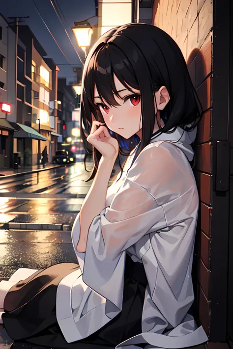 ((best quality)), ((masterpiece)), (detailed), perfect face, a lonely anime girl, black hair, red eyes, sitting on the side of street alone, midnight, while raining while wearing japanese high 