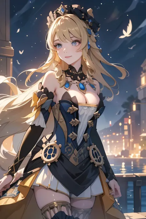 [navia (genshin impact)]:1.5,((masterpiece,highest quality,Highly detailed images,Beautiful images))1.4(navy images、A pose where you lean forward to accentuate your cleavage:1.6、night scene、A magical night city、The wind is blowing、Overall dim lighting、Back...