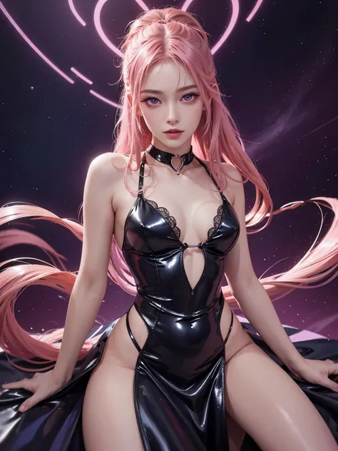 1girll,（Captivating quality：1.4),(True textured skins of the highest quality), Delicate face,Pink twin-tailed hair, red dance dress, Gradient Hair, （perfect bodies：1.1），Heart-shaped choker、long eyelasher,grin, hyperphotorealism, Cinematic lighting,NeonHypn...