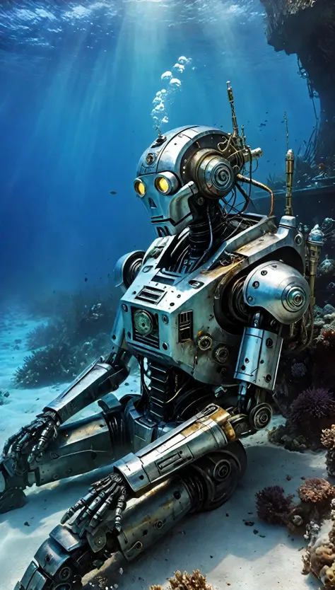 deep sea scenery,the bottom of the sea,abandoned mecha:fusion of futuristic science and steampunk,world without humans,arm,dirty...