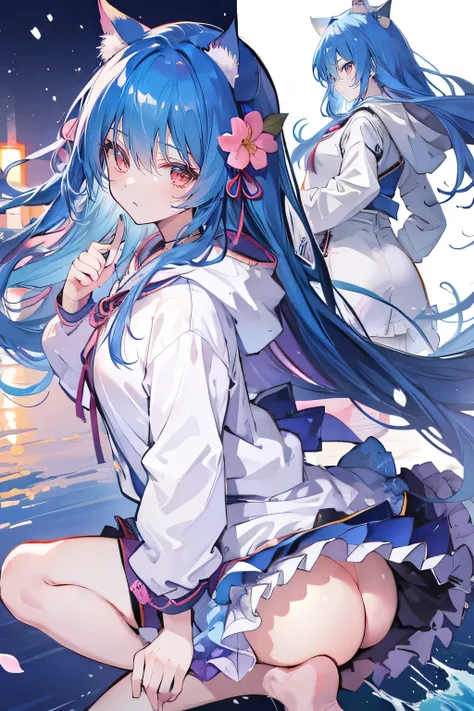 （masterpiece：1.2），Super detailed，lifelike，Expressive eyes，fair skin，perfect face shape，1 girl，
Japanese comics,Gorgeous blue hair,flowing blue hair,flowing clothes,Cat ears,Petals fall,beautiful lola,Baby Angel,sunrise,
Shaking head with one hand，Cross you...