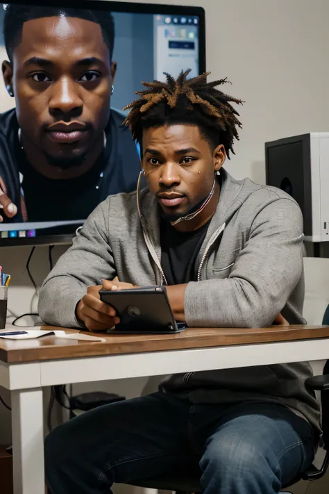 hyper realistic image of an african american man watching the camera, showing a video from his phone to the camera, sitting at a desk in front of a computer, addiction, computer render, working hard, feeds on everything, photoshoped, hacker, extreme clutte...