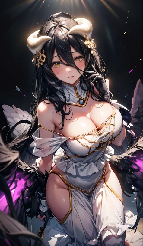 Masterpiece, best quality, very detailed, illustration, great light, movie elements, isometric,(hexagon:1.2), 1 girl, Horn, alone, yellow eyes, black hair, long hair, (low wings:1.2), large cleavage, bare shoulders, hair between the eyes, Medium bust, (whi...