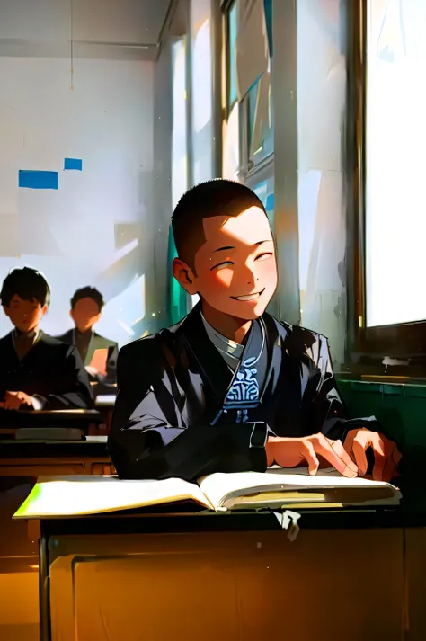 A boy sitting at the table，There is a book in front of him, Morning Light, School Class, 坐in the classroom, in the classroom, in a School Classroom, bright future, A dazzling masterpiece of light, Candid Portraits, inspired by Zhang Zongcang, Incredibly be...