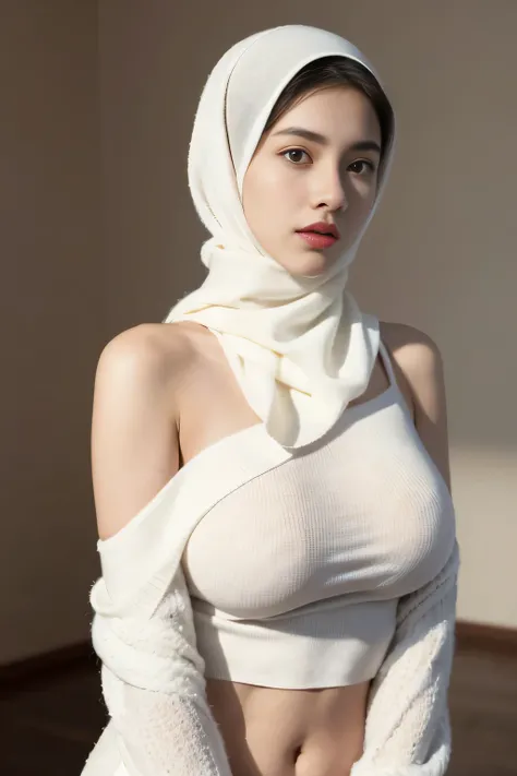 Two 20-year-old women,Hijab, sweater, Dark Theme, Calm tone, Calm colors, High Contrast, (Natural skin texture, Hyperrealism, Soft Light, sharp), Simple Background, slim body with Large Breasts, (Large Breasts: 1.6) Wear tight off-the-shoulder clothing, Tw...