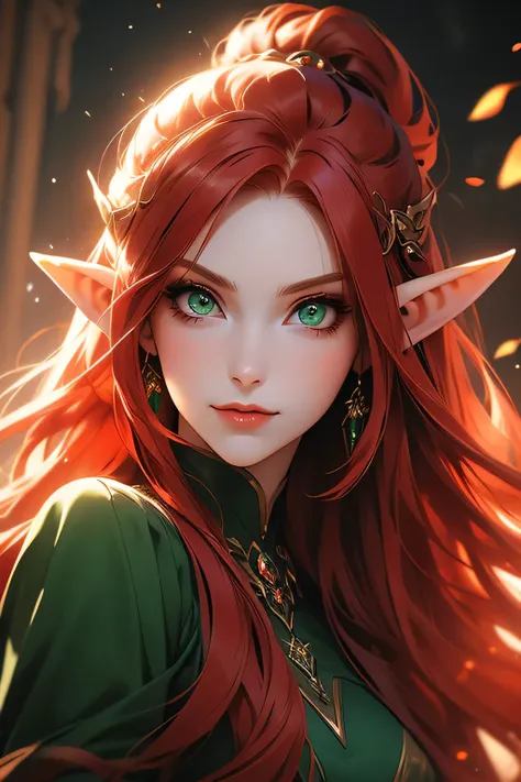 3/4 portrait images of a woman elf with ((long straight red hair)), green eyes, pale skin, fierce eyes, feline smile, she&#39;s ...