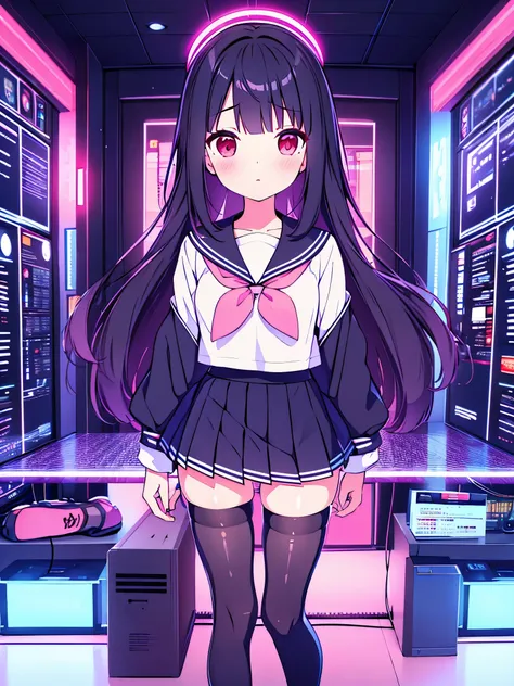 beautiful girl incredible quality 4k vtuber with red eyes multiple color blue and black hair con cinta rosa  Short pleated skirt long sleeve sailor style blouse long white stockings pink tennis shoes with black vtuber youtuber en habitación estudio de grab...