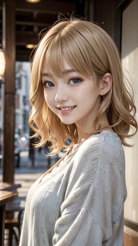 Studio Light, Depth of written boundary, Upper Body, thin, cute顔, smile, Beautiful details in the eyes, 19 year old Japanese, cute, Voluminous curls and warm blonde color, Plaza, casual