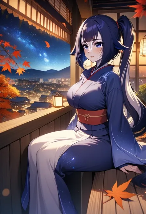 (shylily/(Twich/):1.5),(masterpiece:1.2),(best quality:1.2),Exquisite mature woman, Wide hips, Large Breasts, 1 girl with short hair, Very long hair, Side Ponytail, Traditional Japanese clothing,  ((Sitting near the edge of a building)), roof, city View, S...