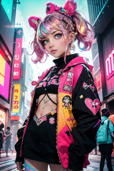 This is a cool cyberpunk and ornate (masterpiece). Generate a trendy decora woman in the colorful and busy streets of cyberpunk Akihabara, Tokyo. Generate a happy decora and cyberpunk adult woman in the style of Artstation and cyberpunk Harajuku street fas...