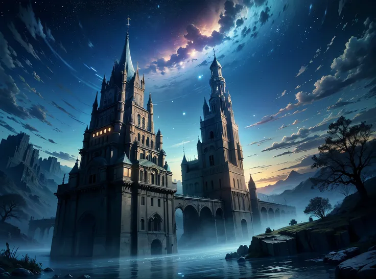 ((melhor qualidade)), ((obra de arte)), (detalhado), deep space, steampunk style, an ancient floating stone castle erected under...