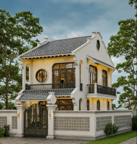 Raw photo,Masterpiece, high quality, best quality, authentic, super detail,
exterior, outdoors, house style indochine on the street ,aiaigroup
road,pavement, grass, trees, sky, cloud, (day:1.1)
