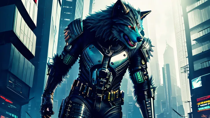 Cyberpunk metallic werewolf, half of your body is completely cybernetic, ambiente de terror em uma cidade noturna, High definition, alta qualidade