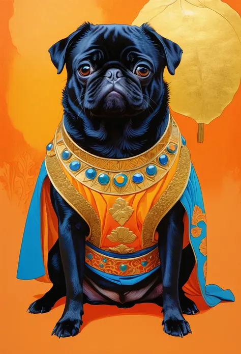 A black pug dog wearing an ancient costume, with an orange background and colorful costumes in the style of James Jean, editorial illustrations, gold leaf paintings, high definition illustrations, surreal animal portraits, flat illustration posters.