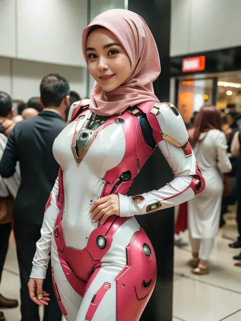 She wears an Iron Man mech。pink and white iron man suit 　A smile　Constriction　Gorgeous  curv body　aggressive pose　Nice chest of drawers   wear hijab  klcc   Marvel   