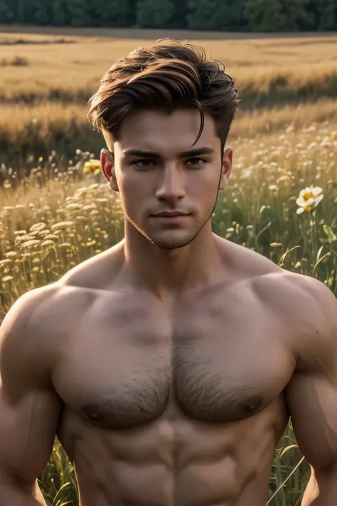 A handsome boy with flowers, 25 years old, brown spiky hair, light hazel brown eyes, masculine pose standing in a meadow, mysterious lighting, muscular physique, looking into the camera, upper body close up, polish, 8k UHD, SLR camera, soft lighting, high ...