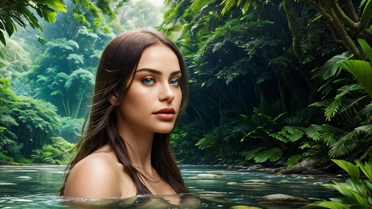 (Masterpiece artwork) A wide scene that showcases the natural environment of the tropical forest, featuring a serene river and lush vegetation in high detail. On the riverbank, the enchanting figure of Iara emerges from the waters, enveloped by a mystical ...