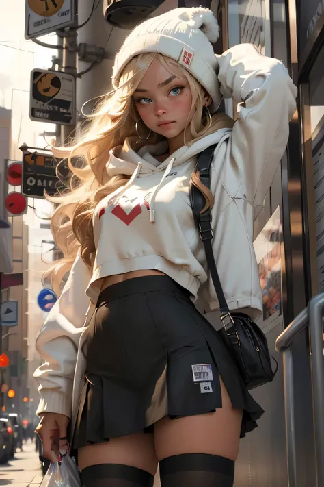 (best quality, masterpiece), 1girl, hoodie, long hair, street, looking at viewer, beanie, skirt, makeup, piercing, pantyhose, blond hair