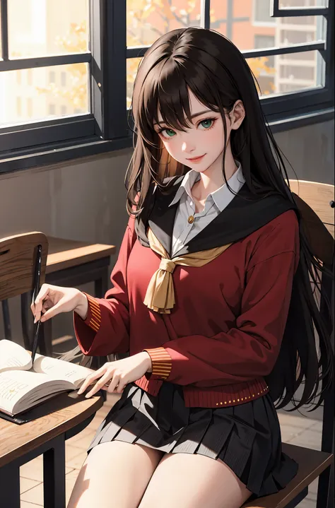 (masterpiece:1.2, best quality), (real picture, intricate details), 1lady, solo, upper body, showing legs, sitting down, school, school settings, long hair, minimal makeup, detailed face, smiling, really long black hair, bangs, hair between eyes, green eye...