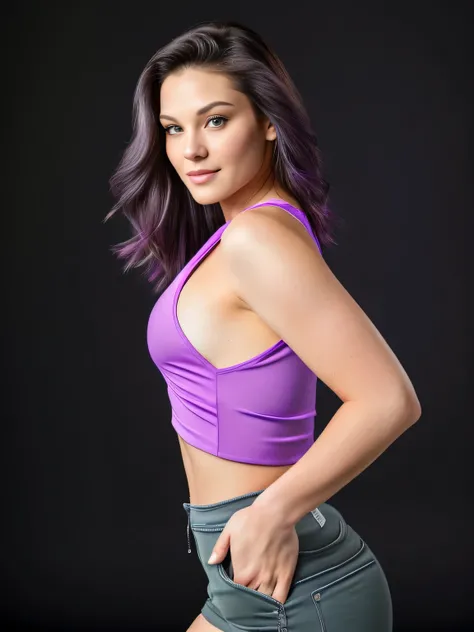 there is a woman in a purple blouse and blue shorts posing for a photo, half-length close-up photo, back photo, half-length photo, back view, hand on waist, half-length photo from the waist up, arms to the side , braces pose!, half body shot, half body sho...