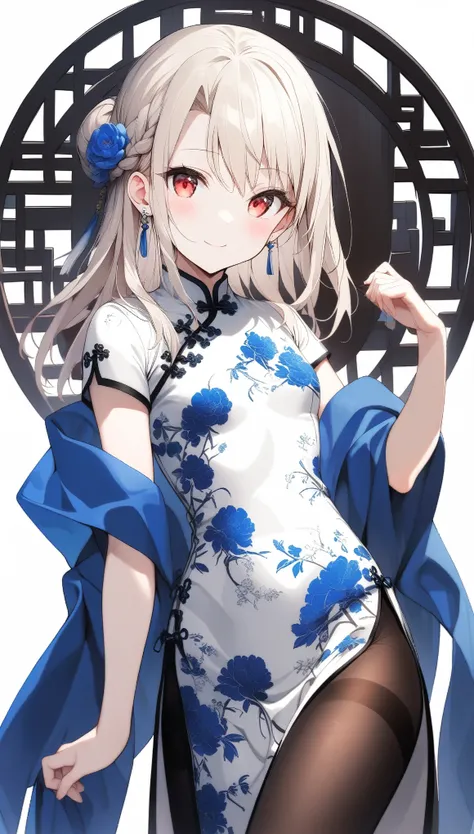 qipao,solo,1girl,(illyasviel von einzbern),red_eyes,cream hair,(french braid),smile,blue flower,breasts,china dress,chinese clothes,dress,shawl,earrings,floral print,hand up,long hair,looking at viewer,pantyhose,print dress,simple background,smile,solo,whi...