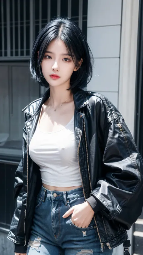 best quality, 1 Girl, dark blue hair, black eyes, Very short hair, Spiky hair, oversize t-shirt, jacket jeans, High waist jeans, 171 cm, Messy hair, Hair between the eyes, Medium breasts, full, Tomboy, aldult, 20 years old, 1 Girl