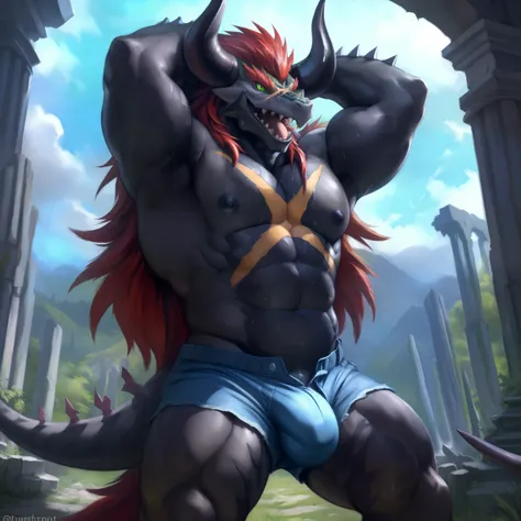 solo, breath (ultra detailed), a beautiful and detailed full size portrait of a male anthro batzz, demon lord dragon batzz, dragon tail, green eyes, glowing eyes, black body, black skin, long hair, red hair, horns, scar, tail, bedroom eyes, detailed eyes, ...