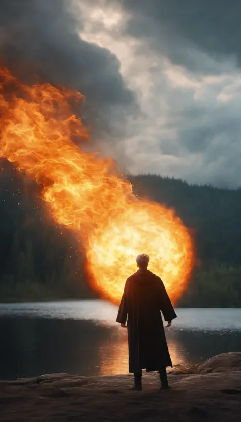 A young male wizard with grey short hair wearing black clothes from behind casting a super massively huge fireball from his hand in the rainy lake background, dynamic and realistic atmosphere