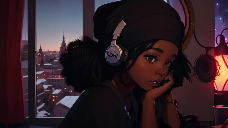 lofistudy, One girl, write, From the side,Ghanaian girl, Afro Hair, Long Hair, Headphones, Beanie, window, Ukraine background, night, Ebony peel, 