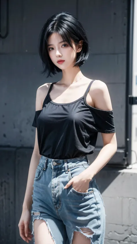 best quality, 1 Girl, dark blue hair, black eyes, Very short hair, Spiky hair, oversize t-shirt, High waist jeans, 171 cm, Messy hair, Hair between the eyes, Medium breasts, full, Tomboy, aldult, 20 years old, 1 Girl